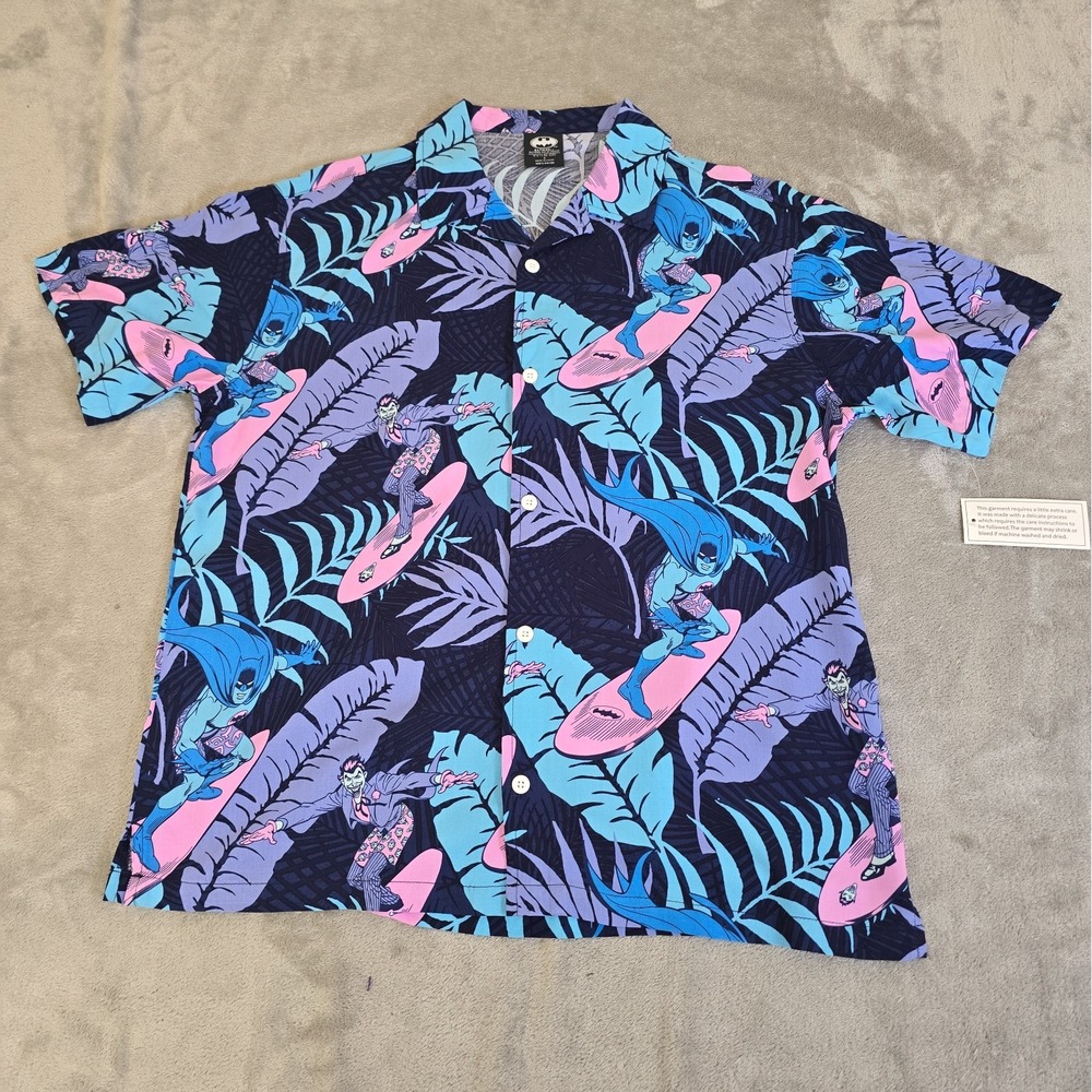 Batman Joker Shirt Mens Small Blue Hawaiian Surfing Floral Print Button Up